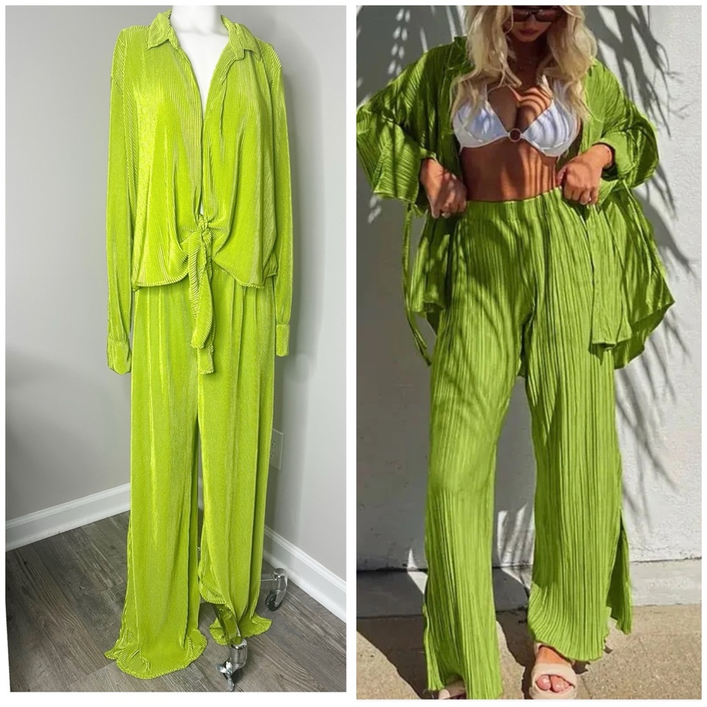 VERSONA GREEN PLEATE TOP PANTS SET- FIT A L/ XL- PRELOVED